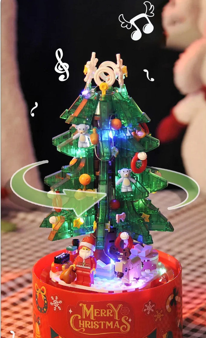 Decorative Christmas tree with lights and music notes on a dark background